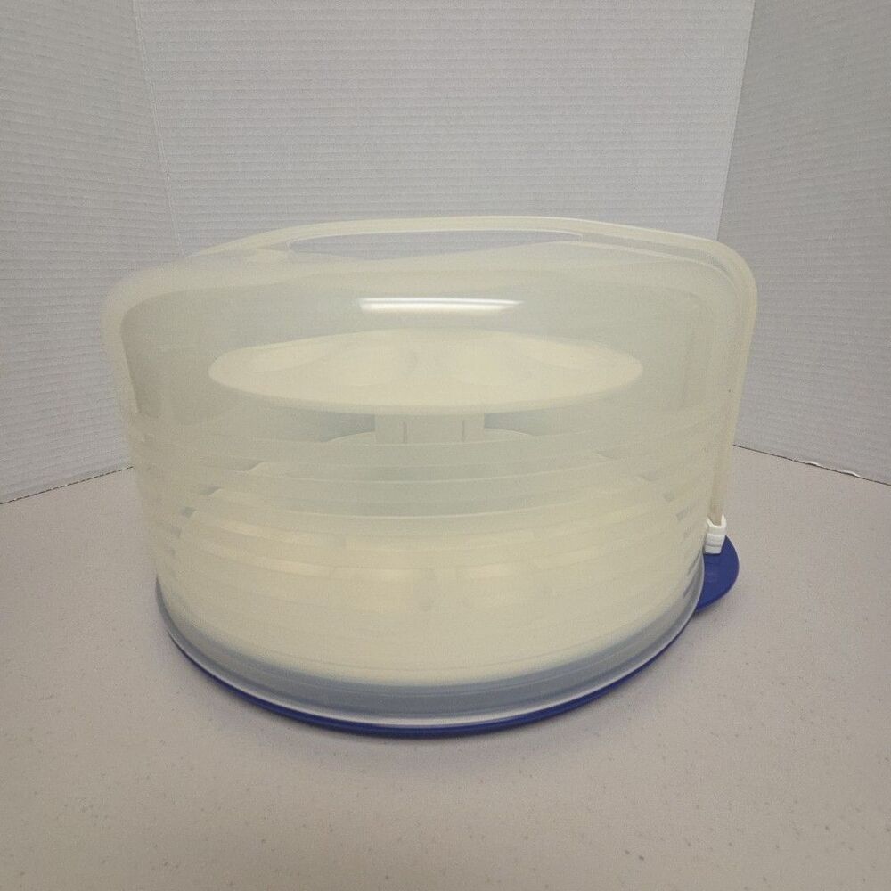 VTG Tupperware Blue Round Cake Taker Carrier, 12" Clear Lid & Deviled Egg Insert